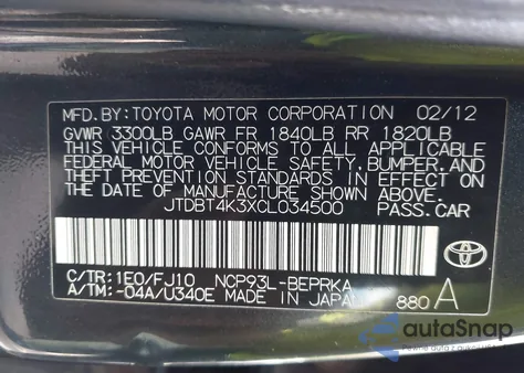 2012 Toyota Yaris from USA, damaged, VIN JTDBT4K3XCL034500